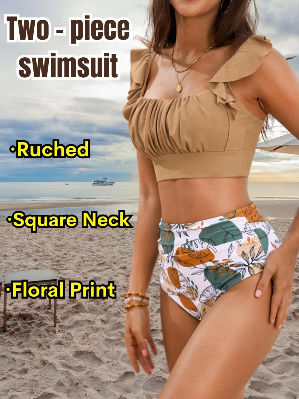 Women 2 Piece High Waisted Bikini Set, Floral Ruffle Tummy Control Swimsuit, Ruched Modest Full Coverage Bathing Suit