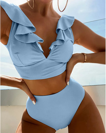Women's High Waisted Bikini Sets V Neck Ruffle Two Piece Swimsuits Push Up Bathing Suits