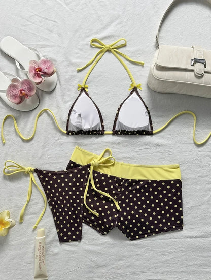New Spring Summer Women'S Polka Dot Printed Bow V-Neck Backless Triangle Bikini 3pcs Set