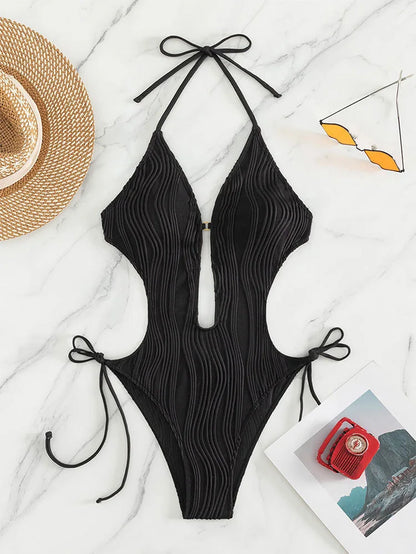 Women Deep V Neck Halter Sexy Swimsuits One Piece Slimming Modest Bathing Suit Color Block Drawstring Swim Suits