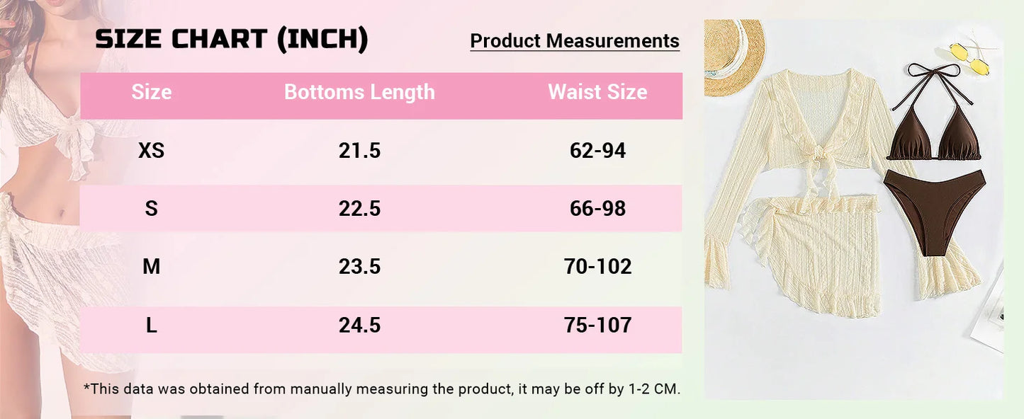 Women's 4 Piece Bikini Halter Neck Triangle Set High Cut Bikini Lettuce Trim Swimsuit Bathing Suit Cover Up Set