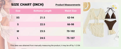 Women's 4 Piece Bikini Halter Neck Triangle Set High Cut Bikini Lettuce Trim Swimsuit Bathing Suit Cover Up Set
