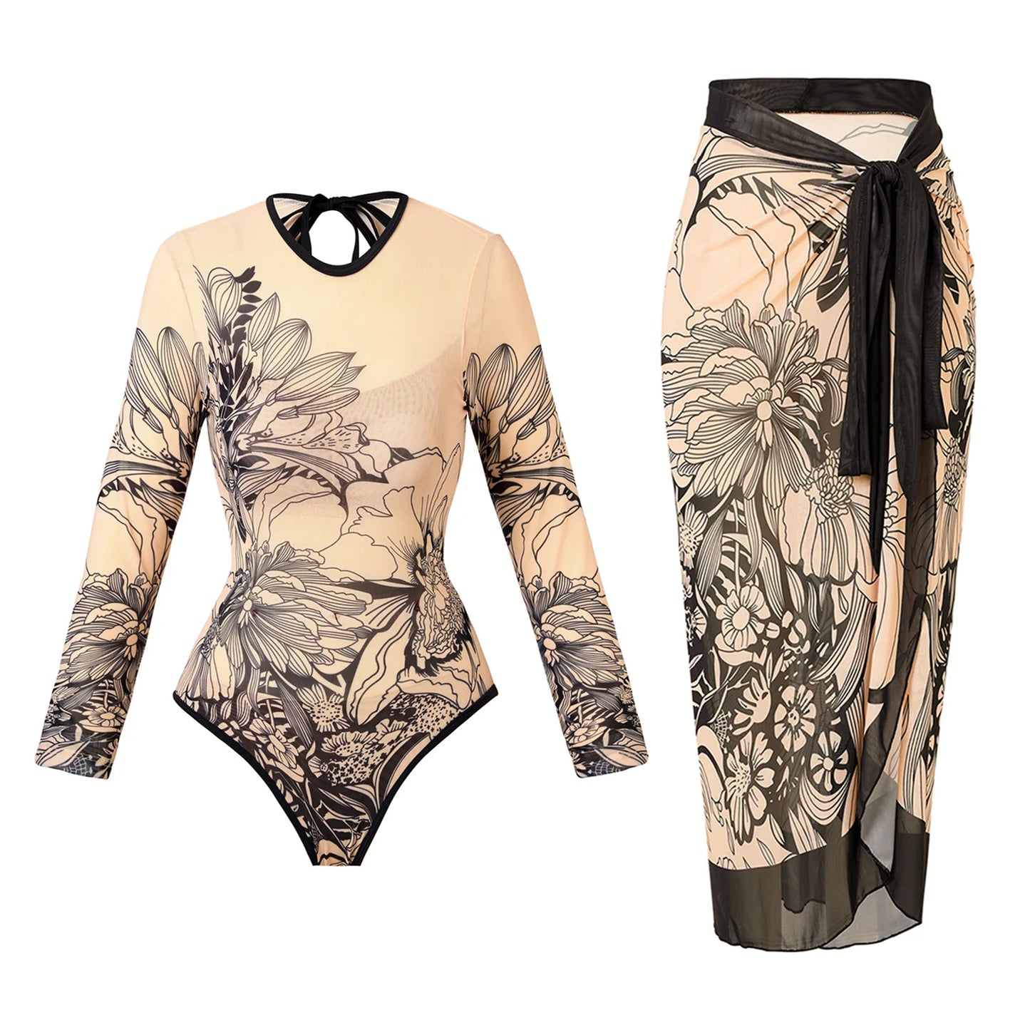 Bikini Bodysuit Swimwear Women With Skirt Bathing Suit Summer New Ruffle Splice Print Beachwear Holiday Bikini Cover Ups Outfits