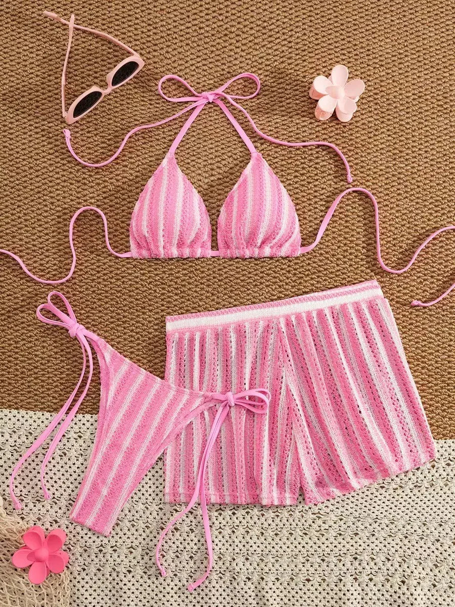3pcs/Set Bohemian Style Crochet Fabric Drawstring Swimsuit Cover Up Bikini Set For Summer Beach Vacation