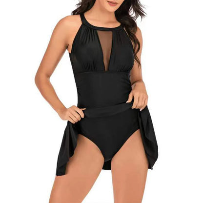 Women's One Piece Swimdress Tummy Control V-Neck Mesh Ruched Bathing Suits High Waisted Monokini Swimsuits
